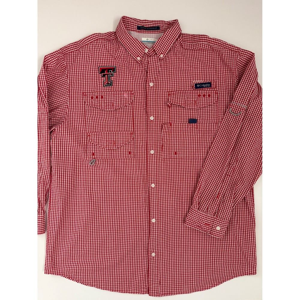 Columbia PFG Super Bonehead Texas Tech Shirt Mens Large Red Gingham Fishing L
